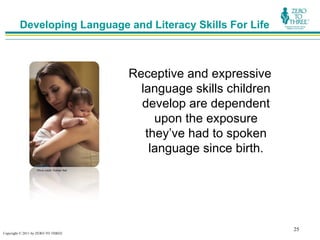 Developing Language and Literacy Skills For Life



                                              Receptive and expressive
                                                language skills children
                                                develop are dependent
                                                   upon the exposure
                                                 they’ve had to spoken
                                                  language since birth.
                  Photo credit: Rubber Ball




                                                                           25
Copyright © 2011 by ZERO TO THREE
 