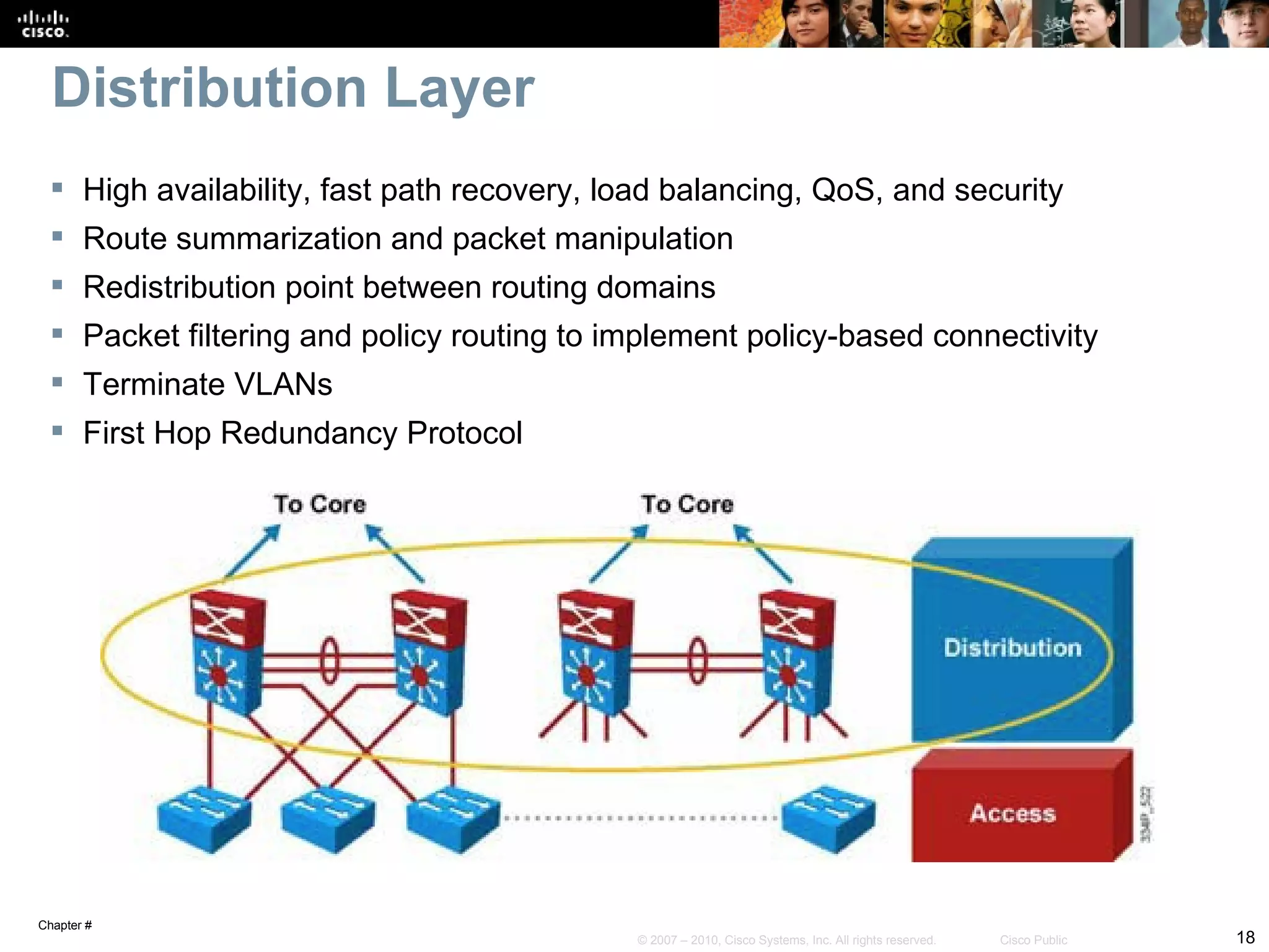 Distribution Layer
  High availability, fast path recovery, load balancing, QoS, and security
  Route summarization and packet manipulation
  Redistribution point between routing domains
  Packet filtering and policy routing to implement policy-based connectivity
  Terminate VLANs
  First Hop Redundancy Protocol




Chapter #
                                           © 2007 – 2010, Cisco Systems, Inc. All rights reserved.   Cisco Public   18
 