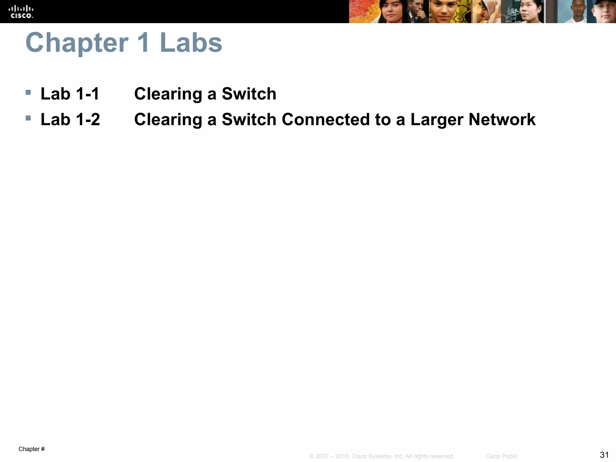 Chapter 1 Labs
  Lab 1-1   Clearing a Switch
  Lab 1-2   Clearing a Switch Connected to a Larger Network




Chapter #
                                 © 2007 – 2010, Cisco Systems, Inc. All rights reserved.   Cisco Public   31
 