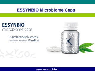 ESSYNBIO Microbiome Caps
Doplněk stravy
ESSYNBIO MICROBIOME CAPS obsahuje vyvážený komplex 16 kmenů
probiotických kultur v počtu 35 miliard v denní dávce, prebiotika, podporující růst
přátelských bakterií ve střevě, dále unikátní fixační složku probiofix a vitamin C.
www.essensclub.cz
 