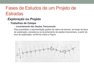 Fases de Estudos de um Projeto de
Estradas
• Exploração ou Projeto
• Trabalhos de Campo
• Levantamento das Seções Transversais
Para possibilitar a representação gráfica do relevo do terreno, ao longo da faixa
de exploração, procede-se ao levantamento de seções transversais, a partir do
eixo de exploração, conforme indica a Figura
 