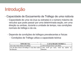 Introdução
• Capacidade de Escoamento de Tráfego de uma rodovia
• Capacidade de uma via (rua ou estrada) é o número máximo de
veículos que pode passar por uma determinada seção, em uma
direção ou ambas, durante a unidade de tempo, nas condições
normais de tráfego e da via.
• Depende de condições de tráfegos prevalecentes e físicas
• Condições de Tráfego utiliza a capacidade teórica
 