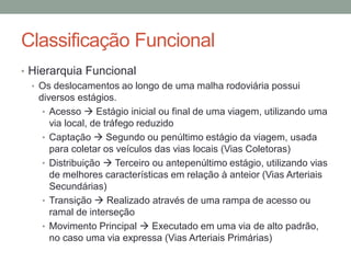 Classificação Funcional
• Hierarquia Funcional
• Os deslocamentos ao longo de uma malha rodoviária possui
diversos estágios.
• Acesso  Estágio inicial ou final de uma viagem, utilizando uma
via local, de tráfego reduzido
• Captação  Segundo ou penúltimo estágio da viagem, usada
para coletar os veículos das vias locais (Vias Coletoras)
• Distribuição  Terceiro ou antepenúltimo estágio, utilizando vias
de melhores características em relação à anteior (Vias Arteriais
Secundárias)
• Transição  Realizado através de uma rampa de acesso ou
ramal de interseção
• Movimento Principal  Executado em uma via de alto padrão,
no caso uma via expressa (Vias Arteriais Primárias)
 