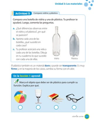 Unidad 3: Los materiales


   Actividad 25
    Actividad         Comparo vidrio y plástico

 Compara una botella de vidrio y una de plástico. Tu profesor te
 ayudará. Luego, comenta las preguntas.

 a. ¿Qué diferencias observas entre
    el vidrio y el plástico?, ¿en qué
    se parecen?
 b. Aprieta cada una de las
    botellas, ¿qué sucedió en
    cada caso?
 c. Tu profesor acercará una vela a
    cada una de las botellas. Dibuja
    en tu cuaderno lo que sucedió
    con cada una de ellas.                 Vidrio          Plástico


El plástico también es un material duro y puede ser transparente. Es muy
firme y, en la mayoría de los casos, cambia su forma con el calor.

  En la lección 3 aprendí

       Marca el objeto que debe ser de plástico para cumplir su
  función. Explica por qué.




                                                            _ciento _uno 101
 