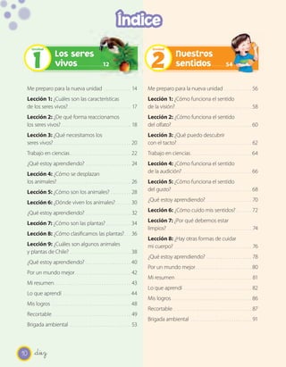 Índice

     1                                                                                   2
     Unidad                                                                               Unidad

                      Los seres                                                                             Nuestros
                      vivos                               12                                                sentidos                               54


 Me preparo para la nueva unidad . . . . . . . . . . . . 14                            Me preparo para la nueva unidad . . . . . . . . . . . . 56
 Lección 1: ¿Cuáles son las características                                            Lección 1: ¿Cómo funciona el sentido
 de los seres vivos? . . . . . . . . . . . . . . . . . . . . . . . . . . . . 17        de la visión? . . . . . . . . . . . . . . . . . . . . . . . . . . . . . . . . . . 58
 Lección 2: ¿De qué forma reaccionamos                                                 Lección 2: ¿Cómo funciona el sentido
 los seres vivos? . . . . . . . . . . . . . . . . . . . . . . . . . . . . . . . 18     del olfato? . . . . . . . . . . . . . . . . . . . . . . . . . . . . . . . . . . . 60
 Lección 3: ¿Qué necesitamos los                                                       Lección 3: ¿Qué puedo descubrir
 seres vivos? . . . . . . . . . . . . . . . . . . . . . . . . . . . . . . . . . . 20   con el tacto? . . . . . . . . . . . . . . . . . . . . . . . . . . . . . . . . . 62
 Trabajo en ciencias . . . . . . . . . . . . . . . . . . . . . . . . . . . 22          Trabajo en ciencias . . . . . . . . . . . . . . . . . . . . . . . . . . . 64
 ¿Qué estoy aprendiendo? . . . . . . . . . . . . . . . . . . . . 24                    Lección 4: ¿Cómo funciona el sentido
 Lección 4: ¿Cómo se desplazan                                                         de la audición? . . . . . . . . . . . . . . . . . . . . . . . . . . . . . . . 66
 los animales?. . . . . . . . . . . . . . . . . . . . . . . . . . . . . . . . . 26     Lección 5: ¿Cómo funciona el sentido
 Lección 5: ¿Cómo son los animales? . . . . . . . . . 28                               del gusto? . . . . . . . . . . . . . . . . . . . . . . . . . . . . . . . . . . . 68

 Lección 6: ¿Dónde viven los animales? . . . . . . . 30                                ¿Qué estoy aprendiendo? . . . . . . . . . . . . . . . . . . . . 70

 ¿Qué estoy aprendiendo? . . . . . . . . . . . . . . . . . . . . 32                    Lección 6: ¿Cómo cuido mis sentidos? . . . . . . . 72

 Lección 7: ¿Cómo son las plantas? . . . . . . . . . . . 34                            Lección 7: ¿Por qué debemos estar
                                                                                       limpios? . . . . . . . . . . . . . . . . . . . . . . . . . . . . . . . . . . . . . 74
 Lección 8: ¿Cómo clasiﬁcamos las plantas? . . . 36
                                                                                       Lección 8: ¿Hay otras formas de cuidar
 Lección 9: ¿Cuáles son algunos animales                                               mi cuerpo? . . . . . . . . . . . . . . . . . . . . . . . . . . . . . . . . . . 76
 y plantas de Chile? . . . . . . . . . . . . . . . . . . . . . . . . . . . 38
                                                                                       ¿Qué estoy aprendiendo? . . . . . . . . . . . . . . . . . . . . 78
 ¿Qué estoy aprendiendo? . . . . . . . . . . . . . . . . . . . . 40
                                                                                       Por un mundo mejor . . . . . . . . . . . . . . . . . . . . . . . . . 80
 Por un mundo mejor . . . . . . . . . . . . . . . . . . . . . . . . . 42
                                                                                       Mi resumen . . . . . . . . . . . . . . . . . . . . . . . . . . . . . . . . . . 81
 Mi resumen . . . . . . . . . . . . . . . . . . . . . . . . . . . . . . . . . . 43
                                                                                       Lo que aprendí . . . . . . . . . . . . . . . . . . . . . . . . . . . . . . 82
 Lo que aprendí . . . . . . . . . . . . . . . . . . . . . . . . . . . . . . 44
                                                                                       Mis logros . . . . . . . . . . . . . . . . . . . . . . . . . . . . . . . . . . . 86
 Mis logros . . . . . . . . . . . . . . . . . . . . . . . . . . . . . . . . . . . 48
                                                                                       Recortable . . . . . . . . . . . . . . . . . . . . . . . . . . . . . . . . . . . 87
 Recortable . . . . . . . . . . . . . . . . . . . . . . . . . . . . . . . . . . . 49
                                                                                       Brigada ambiental . . . . . . . . . . . . . . . . . . . . . . . . . . . 91
 Brigada ambiental . . . . . . . . . . . . . . . . . . . . . . . . . . . 53




10    _diez
 