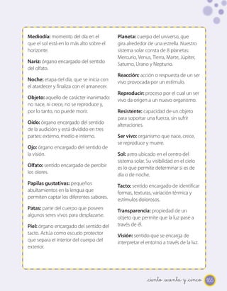 Mediodía: momento del día en el            Planeta: cuerpo del universo, que
que el sol está en lo más alto sobre el    gira alrededor de una estrella. Nuestro
horizonte.                                 sistema solar consta de 8 planetas:
                                           Mercurio, Venus, Tierra, Marte, Júpiter,
Nariz: órgano encargado del sentido        Saturno, Urano y Neptuno.
del olfato.
                                           Reacción: acción o respuesta de un ser
Noche: etapa del día, que se inicia con    vivo provocada por un estímulo.
el atardecer y finaliza con el amanecer.
                                           Reproducir: proceso por el cual un ser
Objeto: aquello de carácter inanimado:     vivo da origen a un nuevo organismo.
no nace, ni crece, no se reproduce y,
por lo tanto, no puede morir.              Resistente: capacidad de un objeto
                                           para soportar una fuerza, sin sufrir
Oído: órgano encargado del sentido         alteraciones.
de la audición y está dividido en tres
partes: externo, medio e interno.          Ser vivo: organismo que nace, crece,
                                           se reproduce y muere.
Ojo: órgano encargado del sentido de
la visión.                                 Sol: astro ubicado en el centro del
                                           sistema solar. Su visibilidad en el cielo
Olfato: sentido encargado de percibir      es lo que permite determinar si es de
los olores.                                día o de noche.
Papilas gustativas: pequeños               Tacto: sentido encargado de identificar
abultamientos en la lengua que             formas, texturas, variación térmica y
permiten captar los diferentes sabores.    estímulos dolorosos.
Patas: parte del cuerpo que poseen         Transparencia: propiedad de un
algunos seres vivos para desplazarse.      objeto que permite que la luz pase a
Piel: órgano encargado del sentido del     través de él.
tacto. Actúa como escudo protector         Visión: sentido que se encarga de
que separa el interior del cuerpo del      interpretar el entorno a través de la luz.
exterior.




                                                          _ciento _sesenta y _cinco 165
 