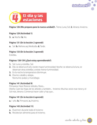Solucionario




   4
    Unidad

                El día y las
                estaciones
Página 126 (Me preparo para la nueva unidad)1. Tierra; Luna; Sol. 2. Verano. Invierno.

Página 129 (Actividad 1)
3. a. Noche. b. No.

Página 131 (En la lección 2 aprendí)
a. Sol. b. Mañana. c. Mediodía. d. Tarde.

Página 133 (En la lección 3 aprendí)
Estrellas.

Páginas 138-139 (¿Qué estoy aprendiendo?)
1. Sol. Luna y estrellas. Sol.
2. Día: se observa el sol y existe mayor luminosidad. Noche: se observa la luna, se
   observan otras estrellas y existe menor luminosidad.
3. En la noche la temperatura disminuye.
4. Diurno: caballo y abejas.
   Nocturno: pulpo y murciélago.

Página 141 (Actividad 9)
Primavera: Hace florecer árboles, flores...
Otoño: Caen las hojas de los árboles y también... Invierno: Muchas veces trae nieve y el
Sol más...Verano: Comienza hacer calor y hay que...

Página 141 (En la lección 6 aprendí)
a. 1 año. b. Primavera. c. Invierno.

Página 145 (Actividad 11)
a. Duermen durante todo el invierno
b. Recolectan alimento para el invierno.


                                                               _ciento _setenta y _tres 173
 