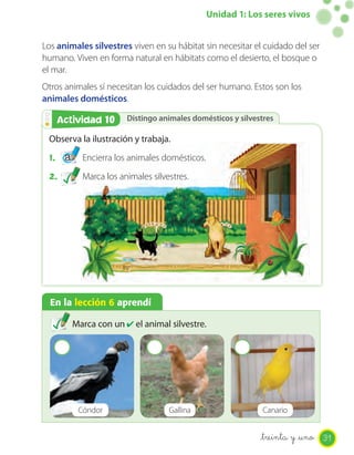 Unidad 1: Los seres vivos


Los animales silvestres viven en su hábitat sin necesitar el cuidado del ser
humano. Viven en forma natural en hábitats como el desierto, el bosque o
el mar.
Otros animales sí necesitan los cuidados del ser humano. Estos son los
animales domésticos.

   Actividad 10
   Actividad 2         Distingo animales domésticos y silvestres

 Observa la ilustración y trabaja.
 1.        Encierra los animales domésticos.
 2.        Marca los animales silvestres.




  En la lección 6 aprendí

        Marca con un ✔ el animal silvestre.




         Cóndor                    Gallina                   Canario


                                                            _treinta y _uno 31
 