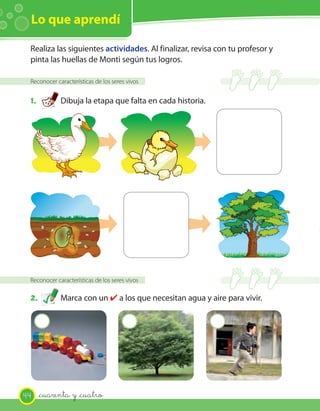Lo que aprendí

 Realiza las siguientes actividades. Al finalizar, revisa con tu profesor y
 pinta las huellas de Monti según tus logros.

 Reconocer características de los seres vivos


 1.          Dibuja la etapa que falta en cada historia.




 Reconocer características de los seres vivos

 2.          Marca con un ✔ a los que necesitan agua y aire para vivir.

      2                                 2                  2




44    _cuarenta y _cuatro
 