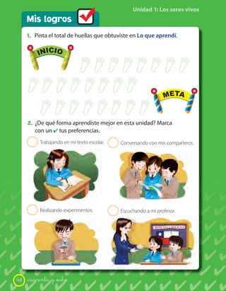 Unidad 1: Los seres vivos
     Mis logros
     1. Pinta el total de huellas que obtuviste en Lo que aprendí.

           INICIO                                                   META




            INICIO                                                   META


     2. ¿De qué forma aprendiste mejor en esta unidad? Marca
          con un ✔ tus preferencias.
      2     Trabajando en mi texto escolar.   2   Conversando con mis compañeros.




      2     Realizando experimentos.          2   Escuchando a mi profesor.




48   _cuarenta y _ocho
 