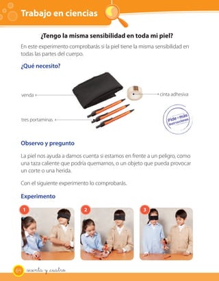 Trabajo en ciencias                                                   OA 6



               ¿Tengo la misma sensibilidad en toda mi piel?
 En este experimento comprobarás si la piel tiene la misma sensibilidad en
 todas las partes del cuerpo.

 ¿Qué necesito?



     venda                                                   cinta adhesiva



     tres portaminas



 Observo y pregunto

 La piel nos ayuda a darnos cuenta si estamos en frente a un peligro, como
 una taza caliente que podría quemarnos, o un objeto que pueda provocar
 un corte o una herida.

 Con el siguiente experimento lo comprobarás.

 Experimento

     1                        2                       3




64       _sesenta y _cuatro
 