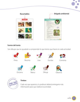 Recortables                                     Brigada ambiental




Íconos del texto

Son dibujos que te ayudarán a comprender lo que tienes que hacer en cada actividad.




        Pinta           Recorta           Une         Escribe        Comenta




            Encierra              Marca         Dibuja           Observa



                   Timbre

                   Cada vez que aparezca, tu profesor deberá entregarte más
                   información para que realices la actividad.




                                                                               _siete 7
 