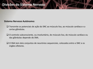 Divisões do Sistema Nervoso



 Sistema Nervoso Autónomo:

   Transmite os potenciais de ação do SNC ao músculo liso, ao ...