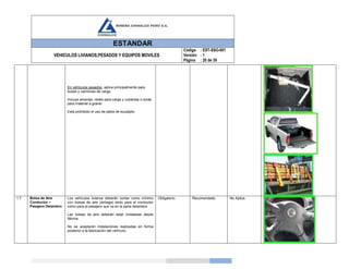 ESTANDAR
VEHICULOS LIVIANOS,PESADOS Y EQUIPOS MOVILES
Código
Versión
Página
: EST-SSO-001
: 1
: 20 de 39
En vehículos pesados, aplica principalmente para
buses y camiones de carga.
Incluye amarras, redes para carga y cubiertas o lonas
para material a granel.
Está prohibido el uso de palos de eucalipto
1.7 Bolsa de Aire
Conductor –
Pasajero Delantero
Los vehículos livianos deberán contar como mínimo
con bolsas de aire (airbags) tanto para el conductor
como para el pasajero que va en la parte delantera.
Las bolsas de aire deberán estar instaladas desde
fábrica.
No se aceptarán instalaciones realizadas en forma
posterior a la fabricación del vehículo.
Obligatorio Recomendado No Aplica
 