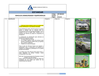 ESTANDAR
VEHICULOS LIVIANOS,PESADOS Y EQUIPOS MOVILES
Código
Versión
Página
: EST-SSO-001
: 1
: 22 de 39
1.10 Identificación
Los Vehículos livianos deberán contar con medios para
su fácil identificación a una distancia razonable.
Esta identificación rápida y fácil del vehículo y/o equipo
ayuda a verificar que el vehículo esté en
funcionamiento dentro de las áreas aprobadas, y con la
finalidad de que se puede hacer contacto con el
operador del vehículo y/o equipo en situaciones de
emergencia.
La señalización de identificación para vehículos se
aplicará de la siguiente manera:
 En ambos lados del vehículo
 En el capot/ cubierta o techo del vehículo (para
permitir la identificación desde arriba, por ejemplo
de un camión a distancia).
 Posterior en el caso de Equipos.
Para el caso de vehículos livianos que ingresen a
operaciones mina y construcción de proyectos es
obligatorio es obligatoria la señalización en la cubierta
del techo del vehículo
Los códigos para cada vehículo liviano serán únicos, y
serán asignados por Minera Chinalco, donde
corresponderá como sigue:
MCP 040: Tres primeras letras de la Empresa y número
correlativo que ellos asignen
Para el caso de funcionarios los vehículos deben ser
escoltados por una unidad que cuente con las
características del estándar
Obligatorio Obliga torio Obligatorio
 