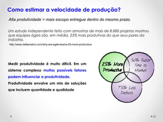 Como estimar a velocidade de produção?
Um estudo independente feito com amostras de mais de 8.000 projetos mostrou
que equipes ágeis são, em média, 25% mais produtivas do que seus pares da
indústria.
http://www.deltamatrix.com/why-are-agile-teams-25-more-productive
Alta produtividade = mais escopo entregue dentro do mesmo prazo.
Medir produtividade é muito difícil. Em um
sistema complexo muitos possíveis fatores
podem influenciar a produtividade.
Produtividade envolve um mix de soluções
que incluem quantidade e qualidade
28
 