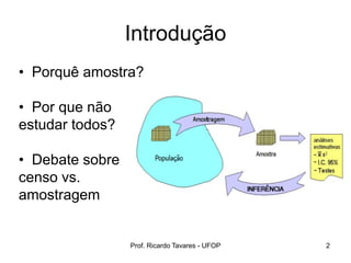 Introdução
• Porquê amostra?
• Por que não
estudar todos?
• Debate sobre
censo vs.
amostragem
Prof. Ricardo Tavares - UFOP 2
 