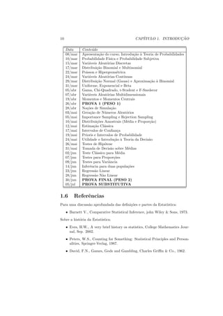 10                                             CAP´               ¸˜
                                                  ITULO 1. INTRODUCAO

     Data     Conte´do
                     u
     08/mar   Apresenta¸ao do curso, Introdu¸ao ` Teoria de Probabilidades
                           c˜                       c˜ a
     10/mar   Probabilidade F´     ısica e Probabilidade Subjetiva
     15/mar   Vari´veis Aleat´rias Discretas
                   a              o
     17/mar   Distribui¸ao Binomial e Multinomial
                          c˜
     22/mar   Poisson e Hipergeom´trica   e
     24/mar   Vari´veis Aleat´rias Cont´
                   a              o           ınuas
     29/mar   Distribui¸ao Normal (Gauss) e Aproxima¸ao ` Binomial
                          c˜                                c˜ a
     31/mar   Uniforme, Exponencial e Beta
     05/abr   Gama, Chi-Quadrado, t-Student e F-Snedecor
     07/abr   Vari´veis Aleat´rias Multidimensionais
                   a              o
     19/abr   Momentos e Momentos Centrais
     26/abr   PROVA 1 (PESO 1)
     28/abr   No¸oes de Simula¸ao
                 c˜                   c˜
     03/mai   Gera¸ao de N´ meros Aleat´rios
                    c˜          u               o
     05/mai   Importance Sampling e Rejection Sampling
     10/mai   Distribui¸oes Amostrais (M´dia e Propor¸ao)
                          c˜                     e          c˜
     12/mai   Estima¸ao Cl´ssica
                       c˜      a
     17/mai   Intervalos de Conﬁan¸a      c
     19/mai   Prioris e Intervalos de Probabilidade
     24/mai   Utilidade e Introdu¸ao ` Teoria da Decis˜o
                                        c˜ a               a
     26/mai   Testes de Hip´teseo
     31/mai   Tomada de Decis˜o sobre M´dias
                                     a            e
     02/jun   Teste Cl´ssico para M´dia
                         a                  e
     07/jun   Testes para Propor¸oes    c˜
     09/jun   Testes para Variˆncia a
     14/jun   Inferˆncia para duas popula¸oes
                   e                             c˜
     23/jun   Regress˜o Linear
                        a
     28/jun   Regress˜o N˜o Linear
                        a     a
     30/jun   PROVA FINAL (PESO 2)
     05/jul   PROVA SUBSTITUTIVA


1.6      Referˆncias
              e
Para uma discuss˜o aprofundada das deﬁni¸oes e partes da Estat´
                a                       c˜                    ıstica:
     • Barnett V., Comparative Statistical Inference, john Wiley & Sons, 1973.
Sobre a hist´ria da Estat´
            o            ıstica:
     • Eves, H.W., A very brief history os statistics, College Mathematics Jour-
       nal, Sep. 2002.
     • Peters, W.S., Counting for Something: Statistical Principles and Person-
       alities, Springer-Verlag, 1987.
     • David, F.N., Games, Gods and Gambling, Charles Griﬃn & Co., 1962.
 