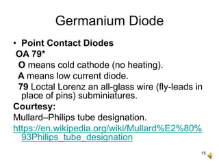 15
Germanium Diode
• Point Contact Diodes
OA 79*
O means cold cathode (no heating).
A means low current diode.
79 Loctal Lorenz an all-glass wire (fly-leads in
place of pins) subminiatures.
Courtesy:
Mullard–Philips tube designation.
https://en.wikipedia.org/wiki/Mullard%E2%80%
93Philips_tube_designation
 