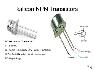 29
Silicon NPN Transistors
BC 107 – NPN Transistor
B – Silicon.
C – Audio Frequency Low Power Transistor.
107 – Serial Number, for domestic use.
TO-18 package.
 
