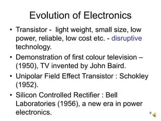 9
Evolution of Electronics
• Transistor - light weight, small size, low
power, reliable, low cost etc. - disruptive
technology.
• Demonstration of first colour television –
(1950), TV invented by John Baird.
• Unipolar Field Effect Transistor : Schokley
(1952).
• Silicon Controlled Rectifier : Bell
Laboratories (1956), a new era in power
electronics.
 