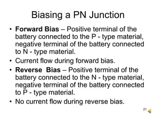 21
Biasing a PN Junction
• Forward Bias – Positive terminal of the
battery connected to the P - type material,
negative terminal of the battery connected
to N - type material.
• Current flow during forward bias.
• Reverse Bias – Positive terminal of the
battery connected to the N - type material,
negative terminal of the battery connected
to P - type material.
• No current flow during reverse bias.
 