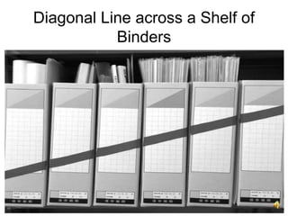 13
Diagonal Line across a Shelf of
Binders
 