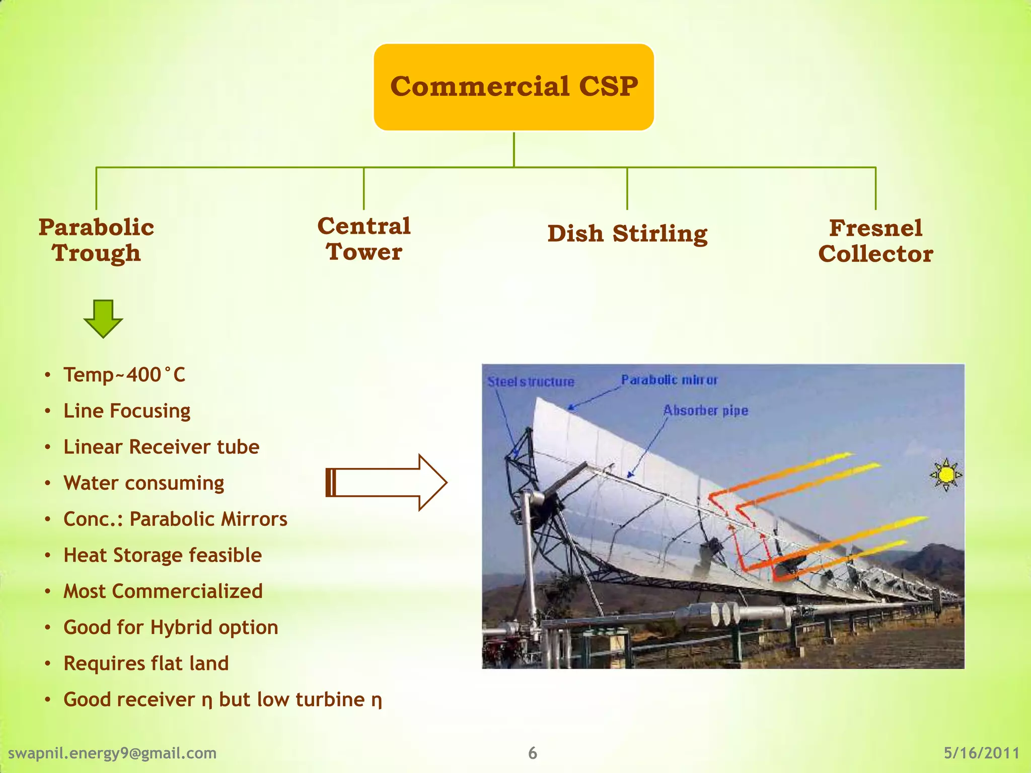 Commercial CSP



   Parabolic                     Central             Dish Stirling    Fresnel
    Trough                       Tower                               Collector



    • Temp~400°C
    • Line Focusing
    • Linear Receiver tube
    • Water consuming
    • Conc.: Parabolic Mirrors
    • Heat Storage feasible
    • Most Commercialized
    • Good for Hybrid option
    • Requires flat land
    • Good receiver η but low turbine η

swapnil.energy9@gmail.com                        6                               5/16/2011
 