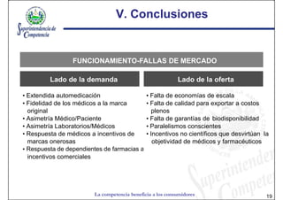 V. Conclusiones


                 FUNCIONAMIENTO-FALLAS DE MERCADO

         Lado de la demanda                                Lado de la oferta

• Extendida automedicación                    • Falta de economías de escala
• Fidelidad de los médicos a la marca         • Falta de calidad para exportar a costos
  original                                       plenos
• Asimetría Médico/Paciente                   • Falta de garantías de biodisponibilidad
• Asimetría Laboratorios/Médicos              • Paralelismos conscientes
• Respuesta de médicos a incentivos de        • Incentivos no científicos que desvirtúan la
  marcas onerosas                                objetividad de médicos y farmacéuticos
• Respuesta de dependientes de farmacias a
  incentivos comerciales




                        La competencia beneficia a los consumidores                       19
 