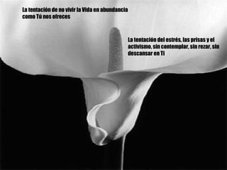 La tentación de no vivir la Vida en abundancia como Tú nos ofreces La tentación del estrés, las prisas y el activismo, sin contemplar, sin rezar, sin descansar en Ti 