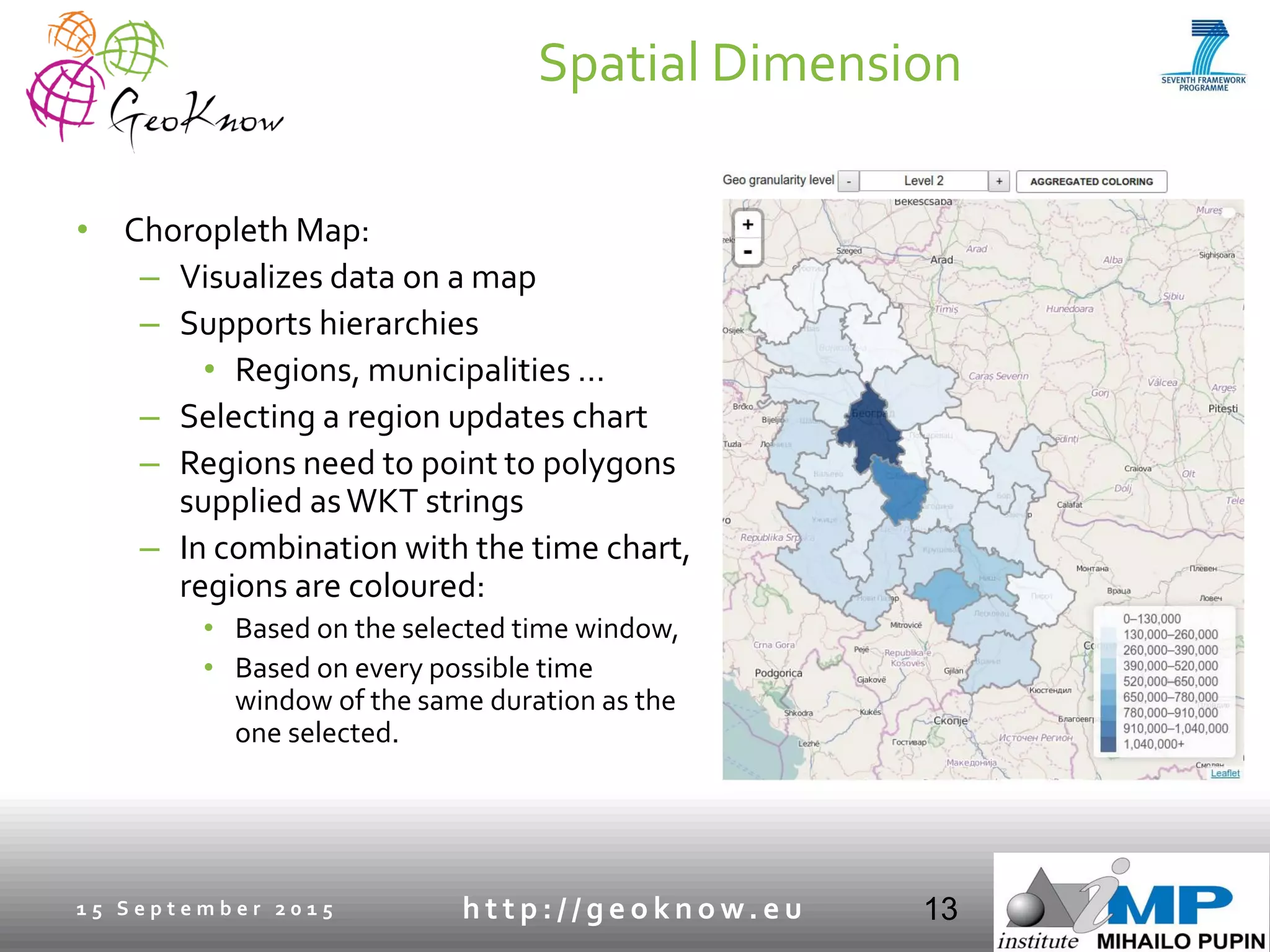 Spatial Dimension
• Choropleth Map:
– Visualizes data on a map
– Supports hierarchies
• Regions, municipalities …
– Selecting a region updates chart
– Regions need to point to polygons
supplied asWKT strings
– In combination with the time chart,
regions are coloured:
• Based on the selected time window,
• Based on every possible time
window of the same duration as the
one selected.
1 5 S e p t e m b e r 2 0 1 5 h t t p : / / g e o k n o w. e u 13
 