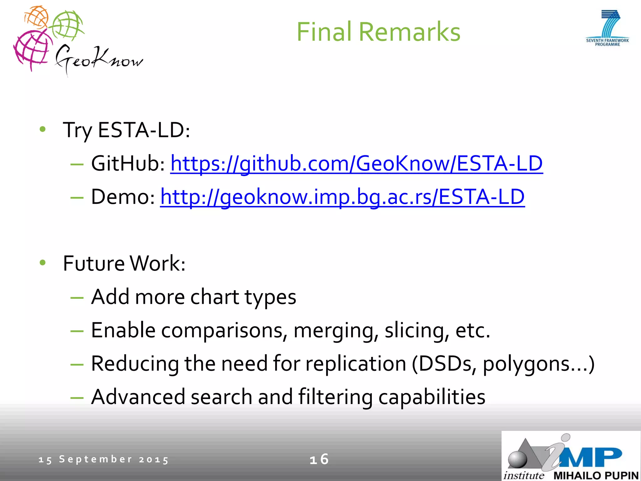Final Remarks
• Try ESTA-LD:
– GitHub: https://github.com/GeoKnow/ESTA-LD
– Demo: http://geoknow.imp.bg.ac.rs/ESTA-LD
• Future Work:
– Add more chart types
– Enable comparisons, merging, slicing, etc.
– Reducing the need for replication (DSDs, polygons…)
– Advanced search and filtering capabilities
1 5 S e p t e m b e r 2 0 1 5 1 6
 