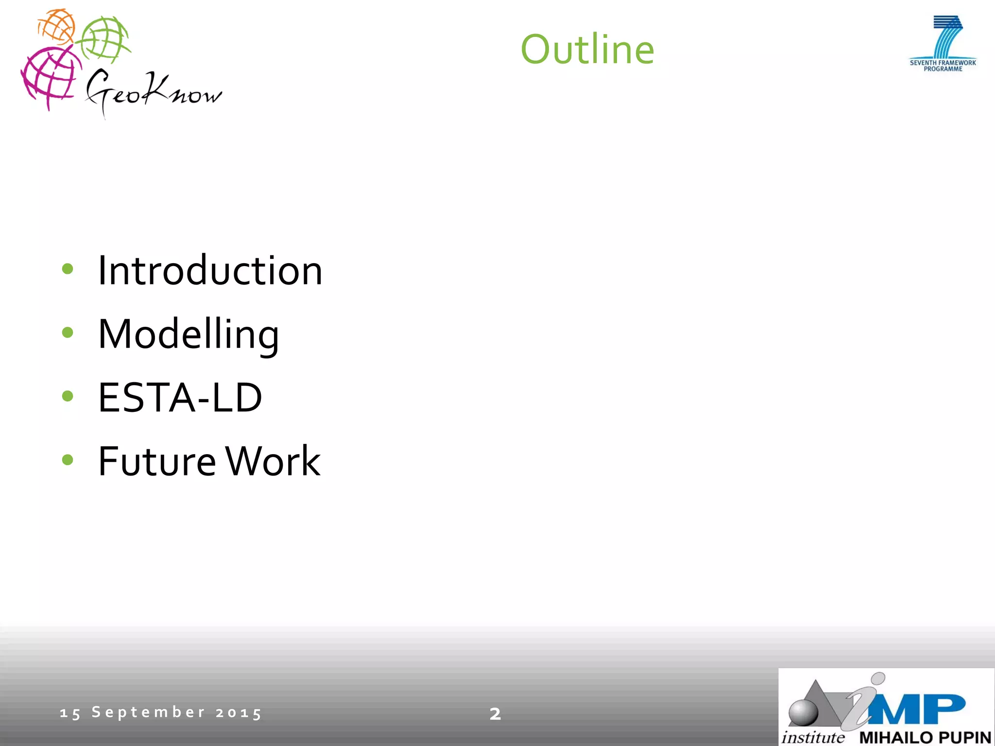 Outline
• Introduction
• Modelling
• ESTA-LD
• FutureWork
1 5 S e p t e m b e r 2 0 1 5 2
 