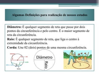 Algumas Definições para realização de nossos estudos 
Diâmetro: É qualquer segmento de reta que passe por dois 
pontos da circunferência e pelo centro. É o maior segmento de 
reta da circunferência. 
Raio: È qualquer segmento de reta, que liga o centro á 
extremidade da circunferência. 
Corda: Une 02 (dois) pontos de uma mesma circunferência. 
 
