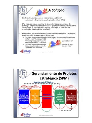 A Solução
• Sendo assim, como podemos resolver este problema?
    – Implantando o Gerenciamento de Projetos Estratégico (SPM)

• SPM é o processo de gerenciar projetos através da combinação da
  estratégia empresarial e das técnicas de gerenciamento de projetos a fim
  de implantar as estratégias do negócio e entregar os objetivos da
  organização. (Realização do benefício)

• As empresas que estão usando o Gerenciamento de Projetos Estratégico,
  viram‐no como uma vantagem competitiva.
    – “O Gerenciamento de Projetos Estratégico afeta diretamente a linha inferior;
      melhora o L&P (lucro e perda) da empresa.”
    – “Uma empresa que entrega mais produtos, com melhor qualidade, e com
      maior rapidez ganha a corrida do competidor.”
    – “O Gerenciamento de Projetos Estratégico transforma o objetivo de criar
      produtos ou serviços com melhor qualidade, menor custo e com maior
      rapidez em uma realidade.”

                            www.igpgerenciamento.com.br




                 Gerenciamento de Projetos
                     Estratégico (SPM)
                    Revistar as Estratégicas

  Executar os Projetos                                        Executar Certo os
        Certos                                                    Projetos

     1                                                        33
      1             22                                                        44
  Definir as                       Recursos
                                   Recursos                Agendar,
                                                            Agendar,
   Definir as   Priorizar                                  Alocar os     Gerenciar e
Estratégicas     Priorizar                                  Alocar os    Gerenciar e
 Estratégicas      os                                     Recursos ee     Monitorar
do Negócio e        os            Orçamento
                                  Orçamento                Recursos        Monitorar
 do Negócio e   Projetos                                    planejar
                                                             planejar    os Projetos
 os projetos
  os projetos    Projetos                                 os Projetos     os Projetos
                                                           os Projetos




                            www.igpgerenciamento.com.br
 