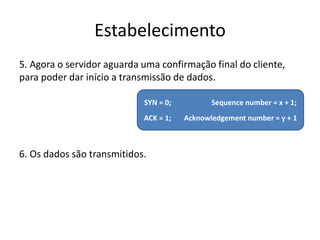 Estabelecimento
5. Agora o servidor aguarda uma confirmação final do cliente,
para poder dar início a transmissão de dados.

                            SYN = 0;          Sequence number = x + 1;
                            ACK = 1;   Acknowledgement number = y + 1



6. Os dados são transmitidos.
 