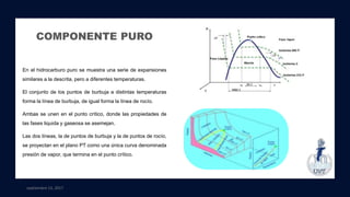 septiembre 13, 2017
COMPONENTE PURO
En el hidrocarburo puro se muestra una serie de expansiones
similares a la descrita, pero a diferentes temperaturas.
El conjunto de los puntos de burbuja a distintas temperaturas
forma la línea de burbuja, de igual forma la línea de rocío.
Ambas se unen en el punto crítico, donde las propiedades de
las fases liquida y gaseosa se asemejan.
Las dos líneas, la de puntos de burbuja y la de puntos de rocío,
se proyectan en el plano PT como una única curva denominada
presión de vapor, que termina en el punto crítico.
 
