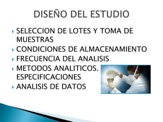  SELECCION DE LOTES Y TOMA DE
  MUESTRAS
 CONDICIONES DE ALMACENAMIENTO
 FRECUENCIA DEL ANALISIS
 METODOS ANALITICOS.
  ESPECIFICACIONES
 ANALISIS DE DATOS
 