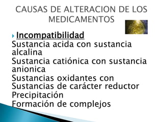  Incompatibilidad
Sustancia acida con sustancia
alcalina
Sustancia catiónica con sustancia
anionica
Sustancias oxidantes con
Sustancias de carácter reductor
Precipitación
Formación de complejos
 