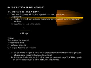 4.4 DESCRIPCIÓN DE LOS MÉTODOS

4.4.1 MÉTODO DE HOEK Y BRAY.
- Es un método gráfico válido para superficies de rotura circulares.
- Los paso son:
    a) Se elige el tipo de escenario que es probable que se presente sobre la estructura a
       analizare.
    b) Se calcula el valor adimensional:

                  C

               Y*H*tagø

Donde:
T = densidad del material
H = altura del talud
C = cohesión aparente
Ø = ángulo de rozamiento interno.
   c) En los ábacos se sigue el radio del valor encontrado anteriormente hasta que corte
       a la curva que corresponde el ángulo del talud.
   d) Se busca sobre los ejes vertical y horizontal los valores de tagø/FS Y Thfs, a partir
      de los cuales se calcula el valor de FS, más conveniente.
 