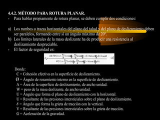 4.4.2. MÉTODO PARA ROTURA PLANAR.
- Para hablar propiamente de rotura planar, se deben cumplir dos condiciones:

a) Los rumbos o trazas horizontales del plano del talud y del plano de deslizamiento deben
   ser paralelos, formando entre sí un ángulo máximo de 20°.
b) Los límites laterales de la masa deslizante ha de producir una resistencia al
   deslizamiento despreciable.
- El factor de seguridad es:



    Donde:
     C = Cohesión efectiva en la superficie de deslizamiento.
    Ø = Ángulo de rozamiento interno en la superficie de deslizamiento.
     A = Área de la superficie de deslizamiento, de ancho unidad.
     W = peso de la masa deslizante, de ancho unidad.
     U = Ángulo que forma el plano de deslizamiento con la horizontal.
     U = Resultante de las presiones intersticiales sobre el plano de deslizamiento.
     8 = Ángulo que forma la grieta de tracción con la vertical.
     V = Resultante de las presiones intersticiales sobre la grieta de tracción.
     G = Aceleración de la gravedad.
 