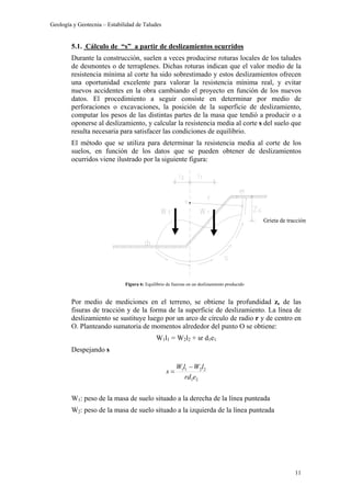 Geología y Geotecnia – Estabilidad de Taludes
11
5.1. Cálculo de “s” a partir de deslizamientos ocurridos
Durante la construcción, suelen a veces producirse roturas locales de los taludes
de desmontes o de terraplenes. Dichas roturas indican que el valor medio de la
resistencia mínima al corte ha sido sobrestimado y estos deslizamientos ofrecen
una oportunidad excelente para valorar la resistencia mínima real, y evitar
nuevos accidentes en la obra cambiando el proyecto en función de los nuevos
datos. El procedimiento a seguir consiste en determinar por medio de
perforaciones o excavaciones, la posición de la superficie de deslizamiento,
computar los pesos de las distintas partes de la masa que tendió a producir o a
oponerse al deslizamiento, y calcular la resistencia media al corte s del suelo que
resulta necesaria para satisfacer las condiciones de equilibrio.
El método que se utiliza para determinar la resistencia media al corte de los
suelos, en función de los datos que se pueden obtener de deslizamientos
ocurridos viene ilustrado por la siguiente figura:
Por medio de mediciones en el terreno, se obtiene la profundidad zc de las
fisuras de tracción y de la forma de la superficie de deslizamiento. La línea de
deslizamiento se sustituye luego por un arco de círculo de radio r y de centro en
O. Planteando sumatoria de momentos alrededor del punto O se obtiene:
W1l1 = W2l2 + sr d1e1
Despejando s
W1: peso de la masa de suelo situado a la derecha de la línea punteada
W2: peso de la masa de suelo situado a la izquierda de la línea punteada
Figura 6: Equilibrio de fuerzas en un deslizamiento producido
Grieta de tracción
21
2211
erd
lWlW
s
−
=
 