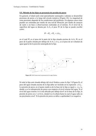 Geología y Geotecnia – Estabilidad de Taludes
16
5.5. Método de las fajas en presencia de presión de poros
En general, el talud suele estar parcialmente sumergido y además se desarrollan
presiones de poros a lo largo del círculo tentativo (Figura 10). La magnitud de
estas presiones depende de las condiciones del problema. En algunos casos éstas
pueden ser estimadas por medio de una red de filtración, por medio de ensayos
de suelo o en base a observaciones realizadas en el terreno. Si el nivel de la
superficie del agua se denota por A-A, el peso W de la faja se puede escribir
como:
en el cual Wa es el peso de la parte de la faja situada encima de A-A, Wb es el
peso de la parte situada por debajo de A-A y z.b.γw es el peso de un volumen de
agua igual al de la porción sumergida de la faja.
Si toda la faja está situada debajo del nivel freático como la faja 3 (Figura 8), el
peso del agua situada encima de la faja debe ser incluido en la expresión z.b.γw .
La presión de poros en el punto medio o de la base de la faja es igual a z.γw+u,
donde u es la sobrepresión de poros con respecto al nivel externo del agua. Si el
nivel del agua externo A-A está ubicado por debajo de o’ en la base de la faja, la
presión de poros en o’ es h/γw, donde h es la altura hasta la cual el agua sube en
un piezómetro en o’. Si la presión de poros se debe a capilaridad, h es negativa.
a1
d
AA
5
1
3
2
α2
4
6
Figura 10: Perfil transversal en presencia de la napa freática.
wba bzWWW γ..++=
 