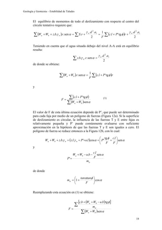 Geología y Geotecnia – Estabilidad de Taludes
18
El equilibrio de momentos de todo el deslizamiento con respecto al centro del
círculo tentativo requiere que:
Teniendo en cuenta que el agua situada debajo del nivel A-A está en equilibrio
resulta:
de donde se obtiene:
y
El valor de F de esta última ecuación depende de P’, que puede ser determinado
para cada faja por medio de un polígono de fuerzas (Figura 12a). Si la superficie
de deslizamiento es circular, la influencia de las fuerzas T y E entre fajas es
relativamente pequeña y P’ puede comúnmente evaluarse con suficiente
aproximación en la hipótesis de que las fuerzas T y E son iguales a cero. El
polígono de fuerza se reduce entonces a la Figura 12b, con lo cual:
y
de donde
Reemplazando esta ecuación en (1) se obtiene:
( ) ( )∑ ∑∑ ++=+=++
2
..
tg'.
1
2
..
.sen.... 1
2
1
2
ad
rPlc
F
ad
rSrbzWW ww
wba
γ
φ
γ
αγ
2
..
sen.... 1
2
ad
rbz w
w
γ
αγ =∑
( ) ( )∑∑ +=+ rPlc
F
rWW ba φα tg'.
1
sen..
(1)( )
( ) α
φ
sen
tg'.
∑
∑
+
+
=
ba WW
Plc
F
( ) α
φ
αγγ sen
.tg
'cos.'.... 





++++=++
F
lc
F
PluPlzbzWW wwba
α
α
m
F
lc
buWW
P
ba sen
.
.
'
−−+
=
α
φα
α cos1 





+=
F
tantan
m
( )[ ]
( ) α
φ
α
sen
tg..
∑
∑
+
−++
=
ba
ba
WW
m
buWWbc
F
 