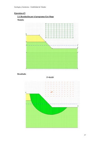 Geología y Geotecnia – Estabilidad de Taludes
37
Ejercicio nº2
2.1.Resolución por el programa Geo Slope
Modelo
Resultado
F=0.618
 