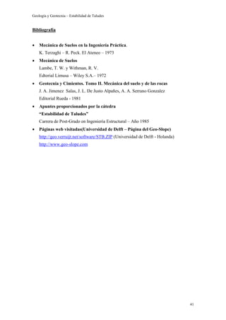 Geología y Geotecnia – Estabilidad de Taludes
41
Bibliografía
• Mecánica de Suelos en la Ingeniería Práctica.
K. Terzaghi – R. Peck. El Ateneo – 1973
• Mecánica de Suelos
Lambe, T. W. y Withman, R. V.
Edtorial Limusa – Wiley S.A.– 1972
• Geotecnia y Cimientos. Tomo II. Mecánica del suelo y de las rocas
J. A. Jimenez Salas, J. L. De Justo Alpañes, A. A. Serrano Gonzalez
Editorial Rueda - 1981
• Apuntes proporcionados por la cátedra
“Estabilidad de Taludes”
Carrera de Post-Grado en Ingeniería Estructural – Año 1985
• Páginas web visitadas(Universidad de Delft – Página del Geo-Slope)
http://geo.verruijt.net/software/STB.ZIP (Universidad de Delft - Holanda)
http://www.geo-slope.com
 
