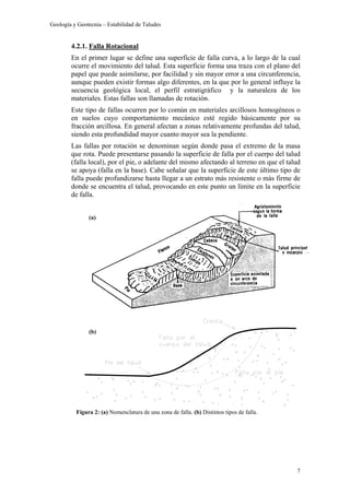 Geología y Geotecnia – Estabilidad de Taludes
7
4.2.1. Falla Rotacional
En el primer lugar se define una superficie de falla curva, a lo largo de la cual
ocurre el movimiento del talud. Esta superficie forma una traza con el plano del
papel que puede asimilarse, por facilidad y sin mayor error a una circunferencia,
aunque pueden existir formas algo diferentes, en la que por lo general influye la
secuencia geológica local, el perfil estratigráfico y la naturaleza de los
materiales. Estas fallas son llamadas de rotación.
Este tipo de fallas ocurren por lo común en materiales arcillosos homogéneos o
en suelos cuyo comportamiento mecánico esté regido básicamente por su
fracción arcillosa. En general afectan a zonas relativamente profundas del talud,
siendo esta profundidad mayor cuanto mayor sea la pendiente.
Las fallas por rotación se denominan según donde pasa el extremo de la masa
que rota. Puede presentarse pasando la superficie de falla por el cuerpo del talud
(falla local), por el pie, o adelante del mismo afectando al terreno en que el talud
se apoya (falla en la base). Cabe señalar que la superficie de este último tipo de
falla puede profundizarse hasta llegar a un estrato más resistente o más firme de
donde se encuentra el talud, provocando en este punto un límite en la superficie
de falla.
Figura 2: (a) Nomenclatura de una zona de falla. (b) Distintos tipos de falla.
(b)
(a)
 