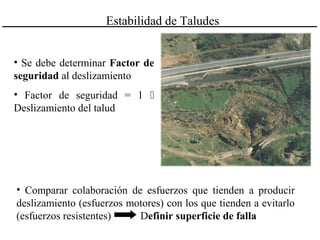 Estabilidad de Taludes
• Se debe determinar Factor de
seguridad al deslizamiento
• Factor de seguridad = 1 
Deslizamiento del talud
• Comparar colaboración de esfuerzos que tienden a producir
deslizamiento (esfuerzos motores) con los que tienden a evitarlo
(esfuerzos resistentes) Definir superficie de falla
 