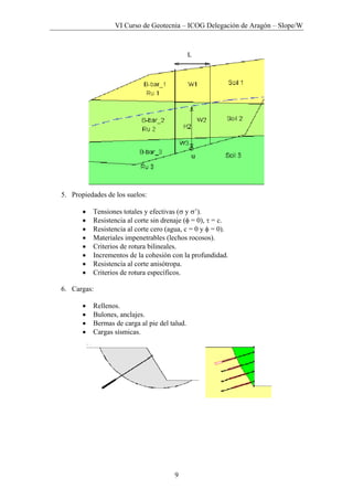 VI Curso de Geotecnia – ICOG Delegación de Aragón – Slope/W
9
5. Propiedades de los suelos:
• Tensiones totales y efectivas (σ y σ’).
• Resistencia al corte sin drenaje (φ = 0), τ = c.
• Resistencia al corte cero (agua, c = 0 y φ = 0).
• Materiales impenetrables (lechos rocosos).
• Criterios de rotura bilineales.
• Incrementos de la cohesión con la profundidad.
• Resistencia al corte anisótropa.
• Criterios de rotura específicos.
6. Cargas:
• Rellenos.
• Bulones, anclajes.
• Bermas de carga al pie del talud.
• Cargas sísmicas.
 