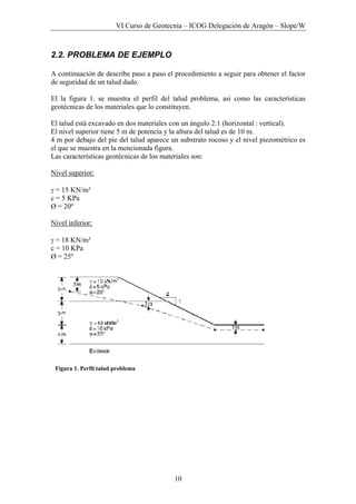 VI Curso de Geotecnia – ICOG Delegación de Aragón – Slope/W
10
2.2. PROBLEMA DE EJEMPLO
A continuación de describe paso a paso el procedimiento a seguir para obtener el factor
de seguridad de un talud dado.
El la figura 1. se muestra el perfil del talud problema, así como las características
geotécnicas de los materiales que lo constituyen.
El talud está excavado en dos materiales con un ángulo 2:1 (horizontal : vertical).
El nivel superior tiene 5 m de potencia y la altura del talud es de 10 m.
4 m por debajo del pie del talud aparece un substrato rocoso y el nivel piezométrico es
el que se muestra en la mencionada figura.
Las características geotécnicas de los materiales son:
Nivel superior:
γ = 15 KN/m³
c = 5 KPa
Ø = 20º
Nivel inferior:
γ = 18 KN/m³
c = 10 KPa
Ø = 25º
Figura 1. Perfil talud problema
 